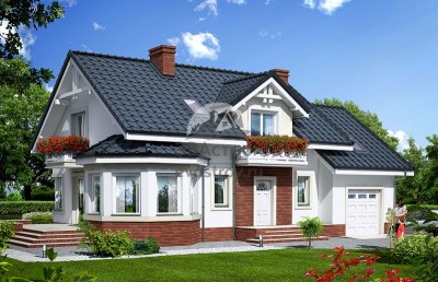 Проект узкого двухэтажного дома из керамоблоков с эркером и одноместным гаражом - SK-41
