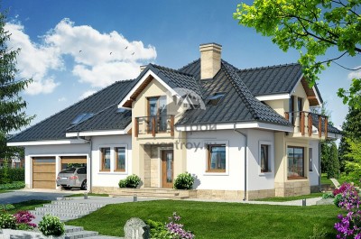Проект узкого двухэтажного дома из керамоблоков с эркером и двухместным гаражом -