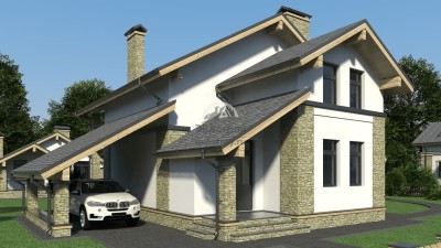 Проект двухэтажного дома из газобетонных блоков с мансардой и навесом - V10-65