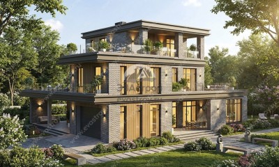 Проект современного трехэтажного дома с гаражом, бассейном и террасами
