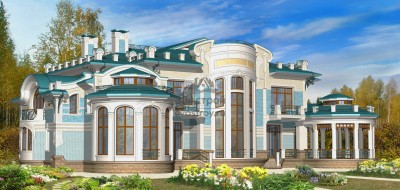 Проект трёхэтажного дома в стиле барокко из кирпича с кабинетом, цоколем и библиотекой с площадью до 1400 кв м