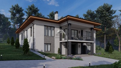 Проект узкого одноэтажного дома с гаражом и цоколем