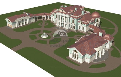 Проект узкого одноэтажного бассейна из кирпича в стиле барокко с эркерами, с площадью до 200 кв м