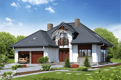 Проект двухэтажного дома из керамоблоков с эркером и двухместным гаражом - SK-108