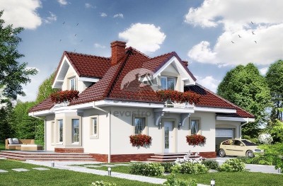 Проект узкого двухэтажного дома из керамоблоков с эркером и одноместным гаражом - SK-111
