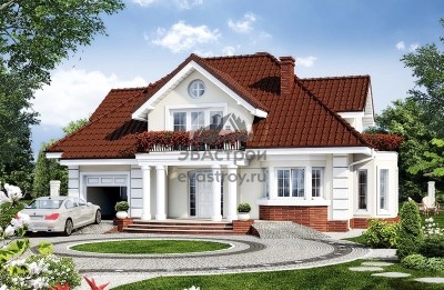 Проект узкого двухэтажного дома из керамоблоков с эркером и одноместным гаражом - SK-113